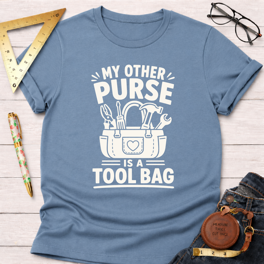 Light blue "My Other Purse Is a Tool Bag" t-shirt with white graphic of a tool bag and tools.