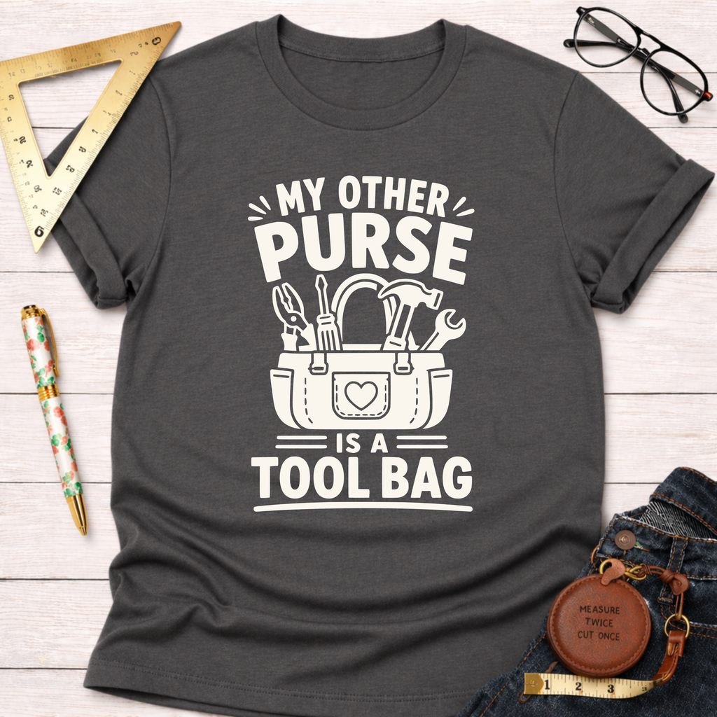 Dark gray t-shirt with "My Other Purse Is a Tool Bag" text and tool bag graphic in white.