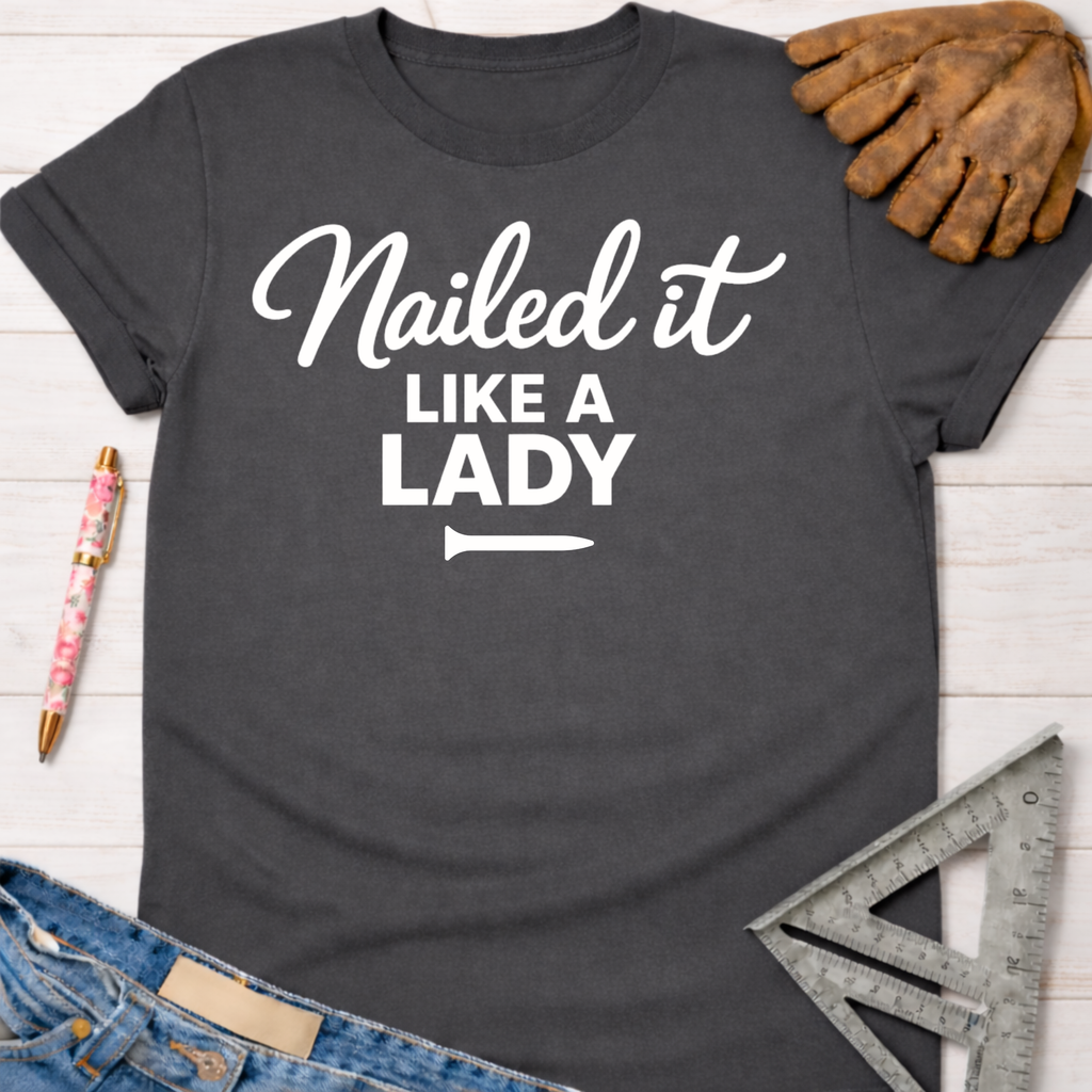 Charcoal gray women's "Nailed it Like a Lady" graphic tee with white text, a nail icon, and rolled sleeves. Women's funny woodworking graphic tee shirt for female woodworkers, makers, and DIY builders — Sawdust & Ponytails.
