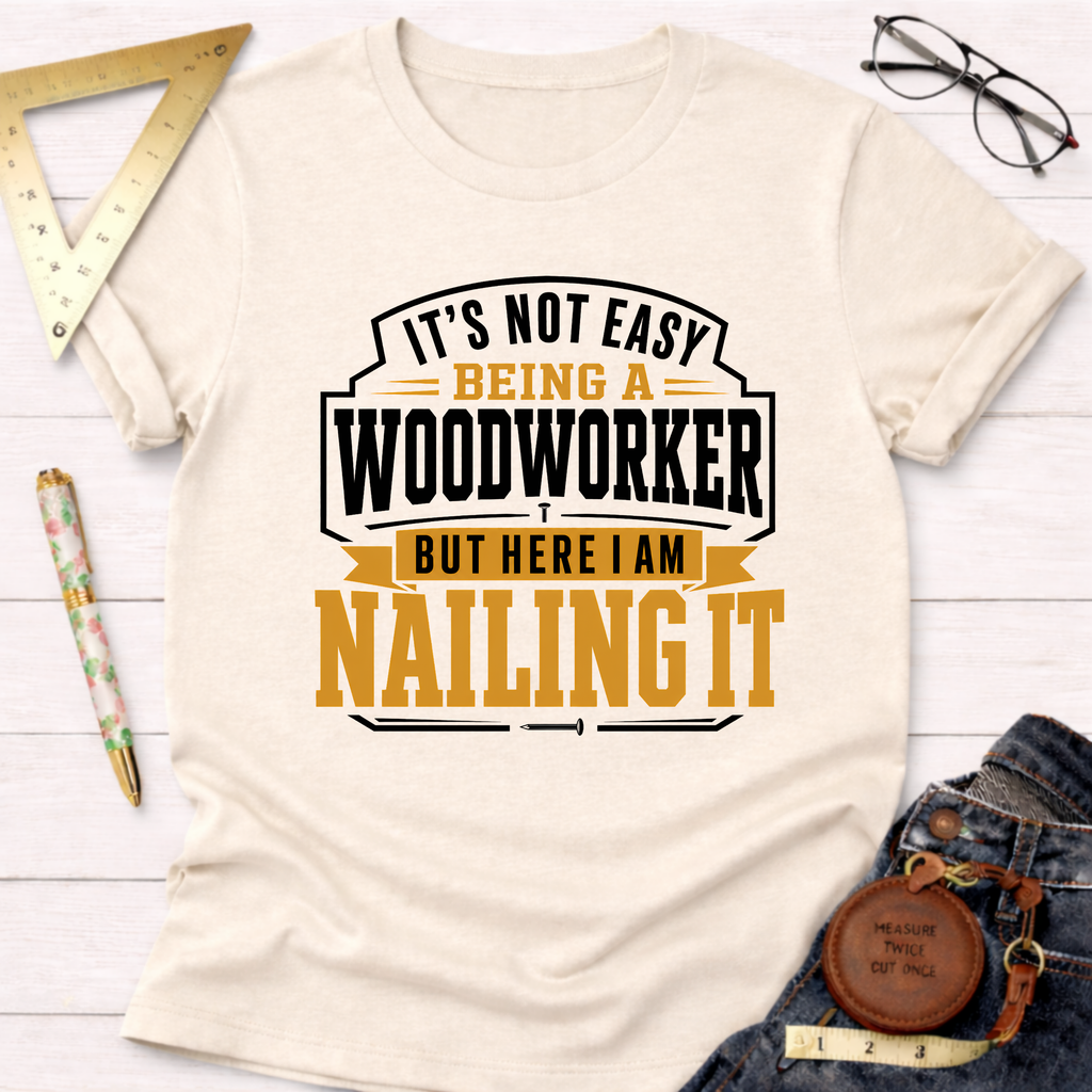 Cream cotton t-shirt with "It's Not Easy Being A Woodworker But Here I Am Nailing It" graphic in black and gold.