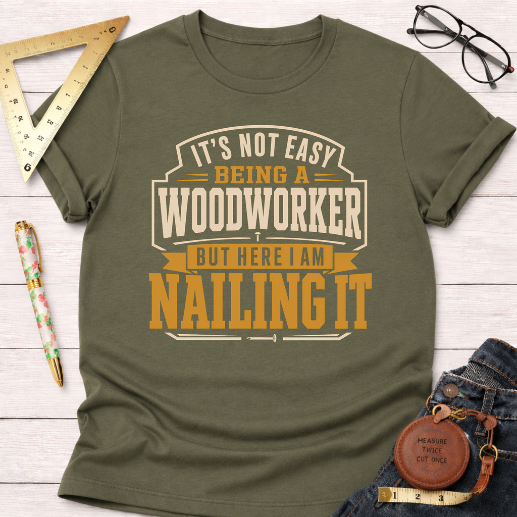 Olive green "Nailing It" t-shirt for woodworkers, featuring a bold graphic design in cream and orange.