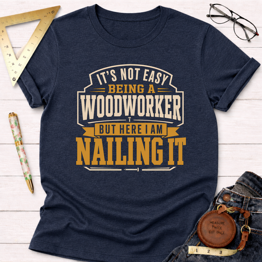 Navy blue heather Nailing It T-shirt with "It's Not Easy Being A Woodworker But Here I Am Nailing It" text.