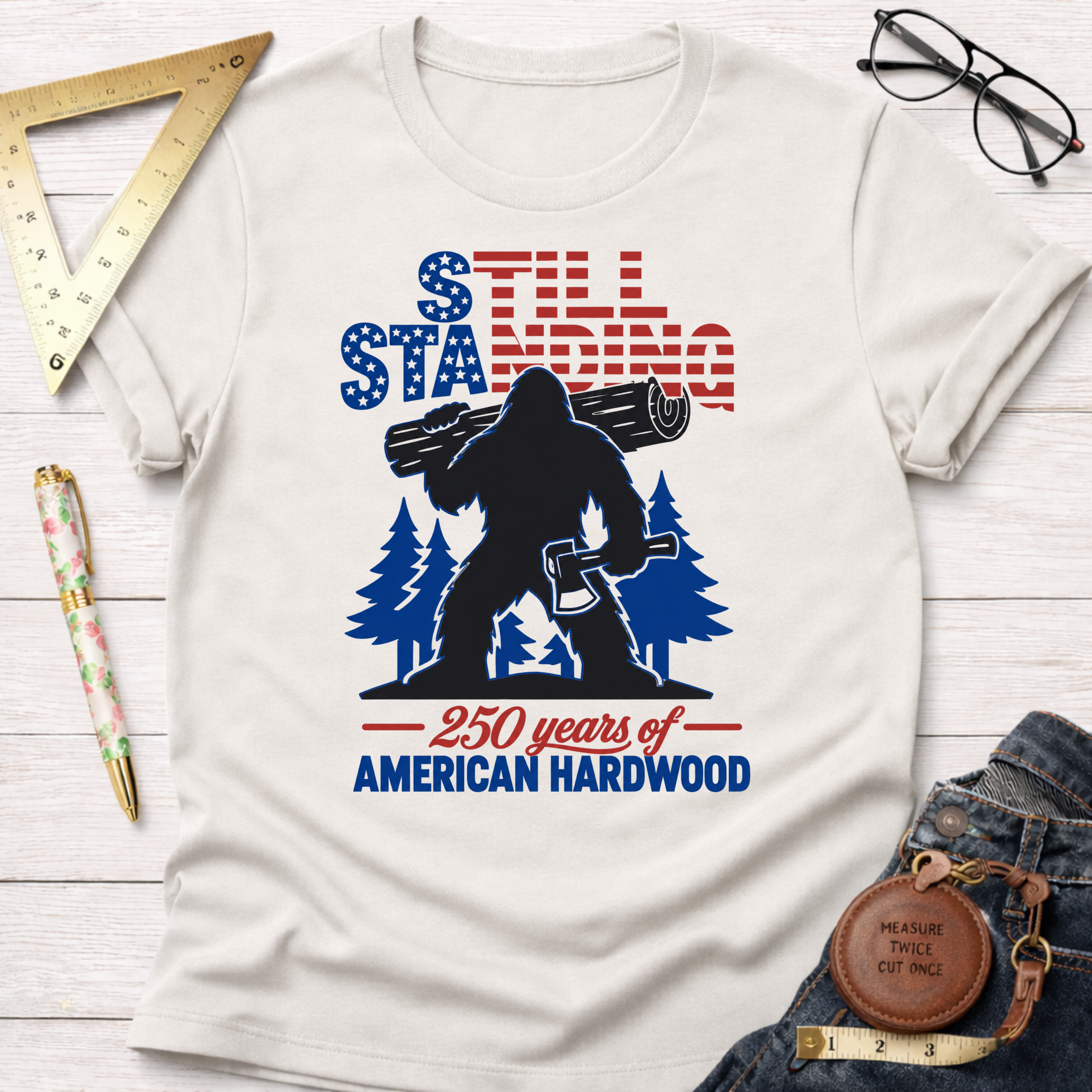 Patriotic Sasquatch t-shirt with "Still Standing" text, Bigfoot holding a log and axe, and "250 years of American Hardwood" text.