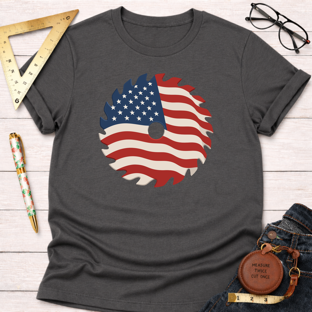 Dark gray cotton t-shirt with a patriotic saw blade design featuring the American flag.