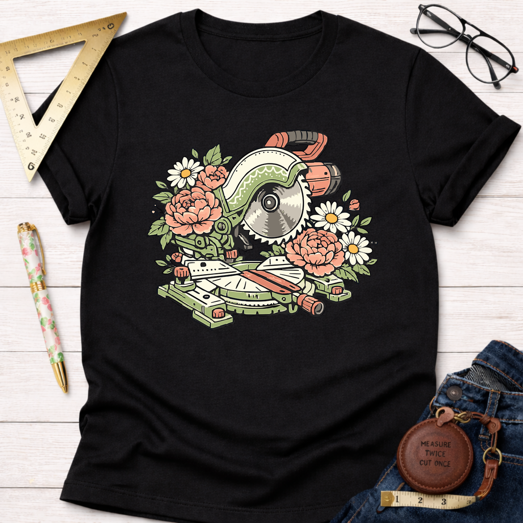 Black cotton t-shirt with a colorful floral miter saw graphic, surrounded by pink peonies and white daisies.