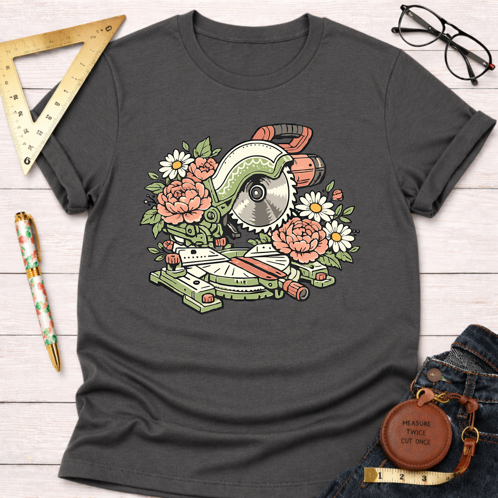 Dark gray t-shirt with a colorful floral miter saw graphic, surrounded by pink and white flowers.