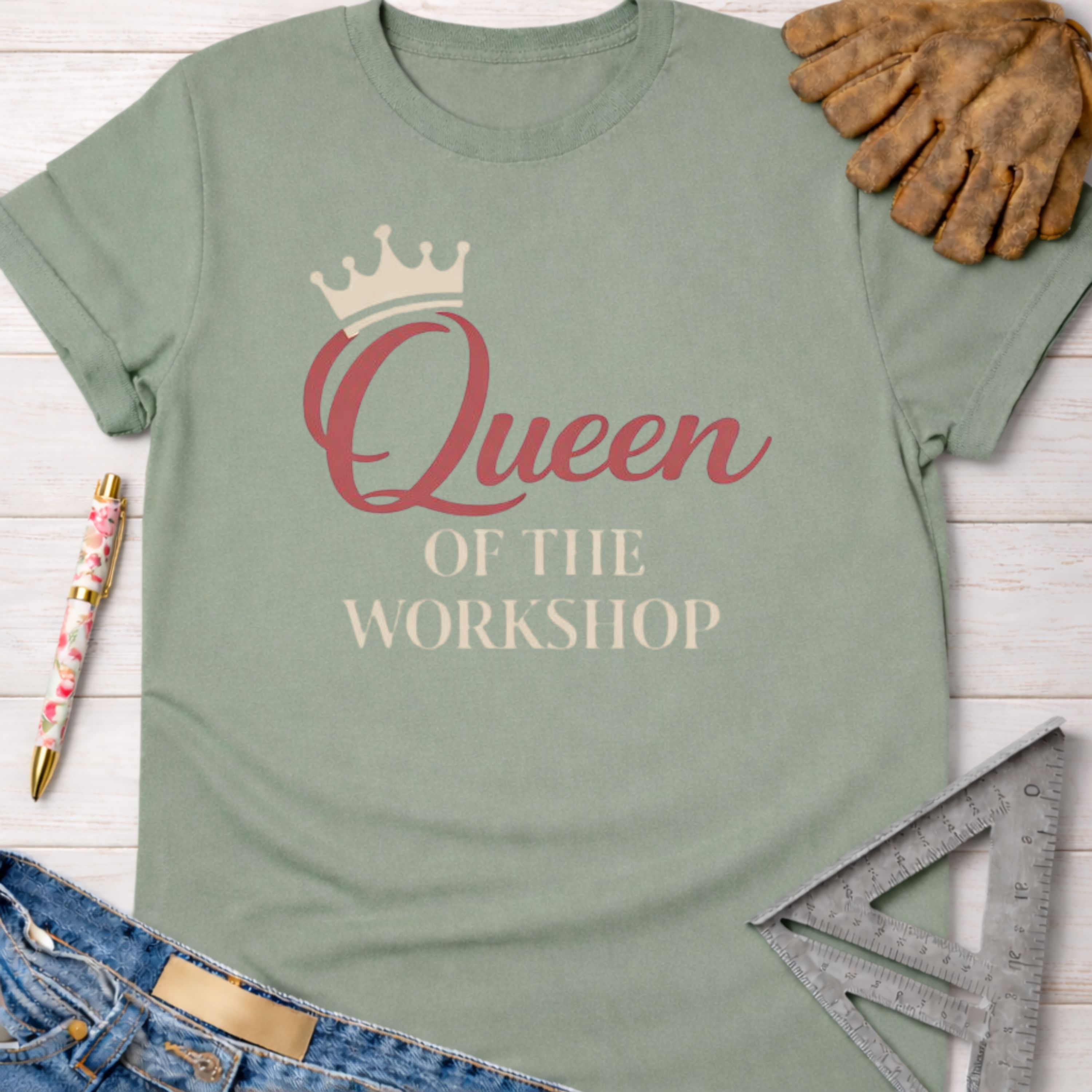 Sage green "Queen of The Workshop" graphic tee with crown, jeans, work glove, and ruler.