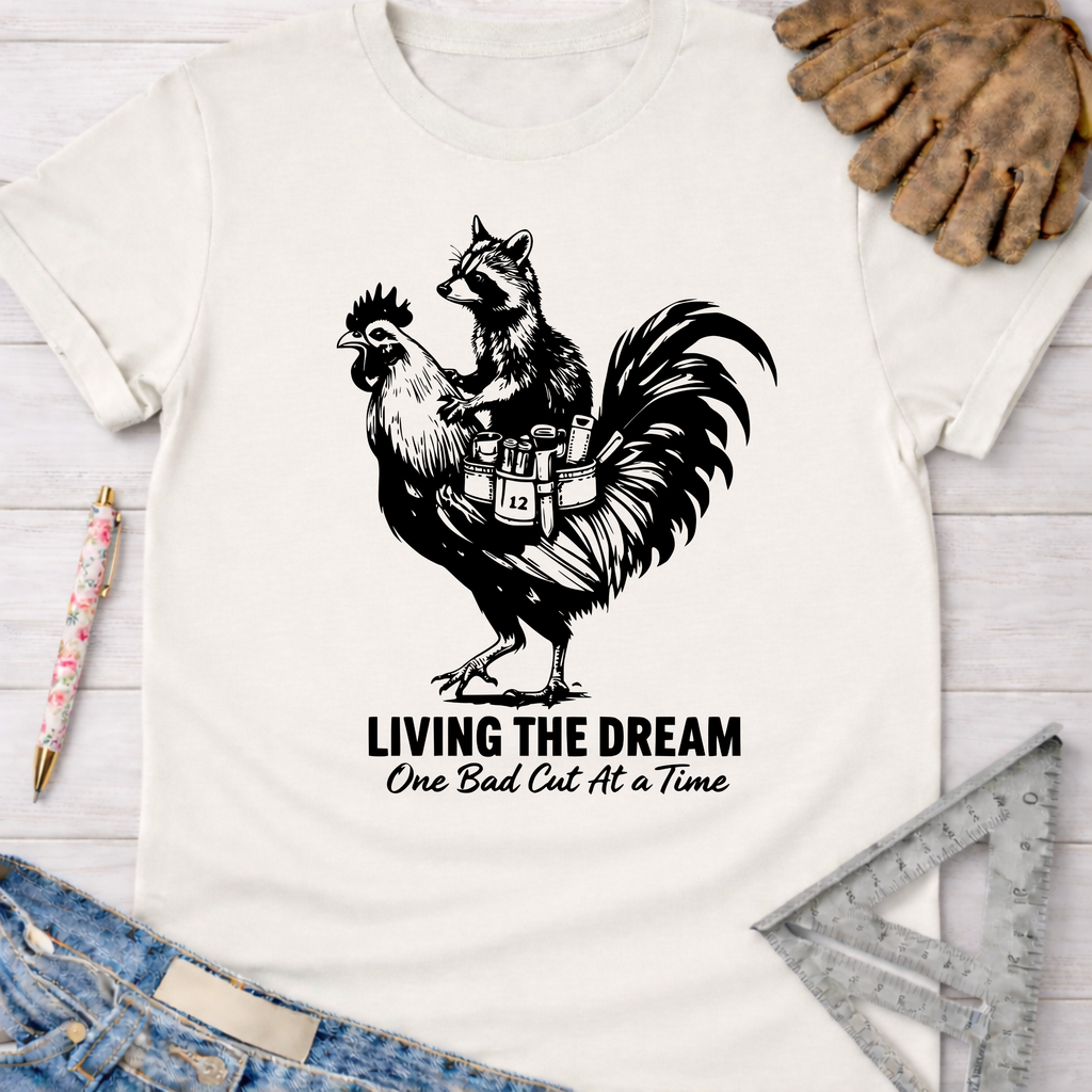 Women's funny woodworking graphic tee shirt for female woodworkers, makers, and DIY builders — Sawdust & Ponytails. White unisex tee with a raccoon riding a rooster, "LIVING THE DREAM One Bad Cut At a Time" text.