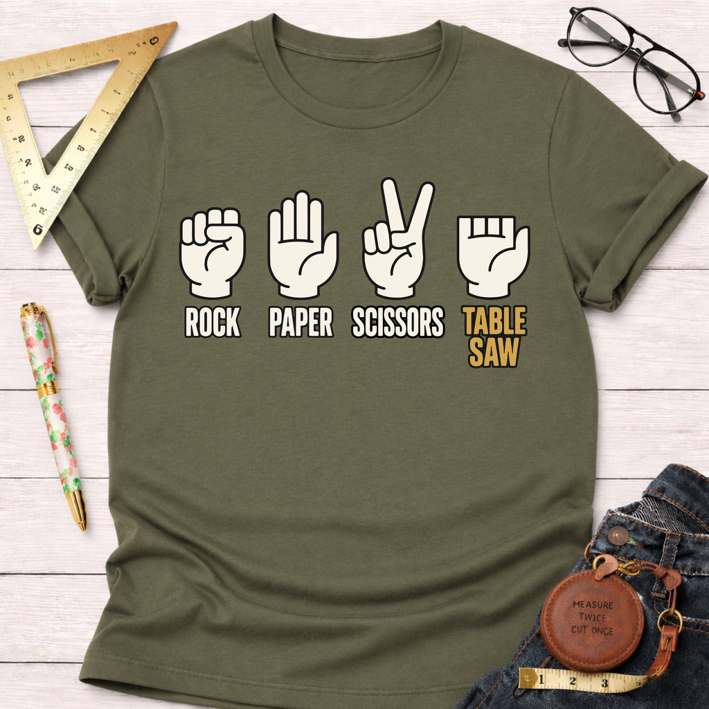 Olive green "Rock Paper Scissors Table Saw" graphic t-shirt with white and yellow text.