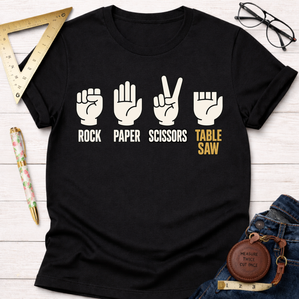 Black cotton t-shirt with "Rock Paper Scissors Table Saw" graphic and hand gestures in white and gold.