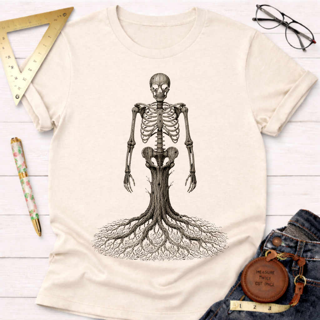 Unisex cream cotton t-shirt with a detailed wood skeleton design, featuring roots as legs.