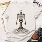 Unisex cream cotton t-shirt with a detailed wood skeleton graphic and tree roots.