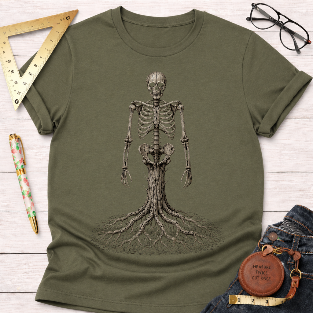 Olive green cotton t-shirt with a detailed wood skeleton graphic, featuring roots as legs.