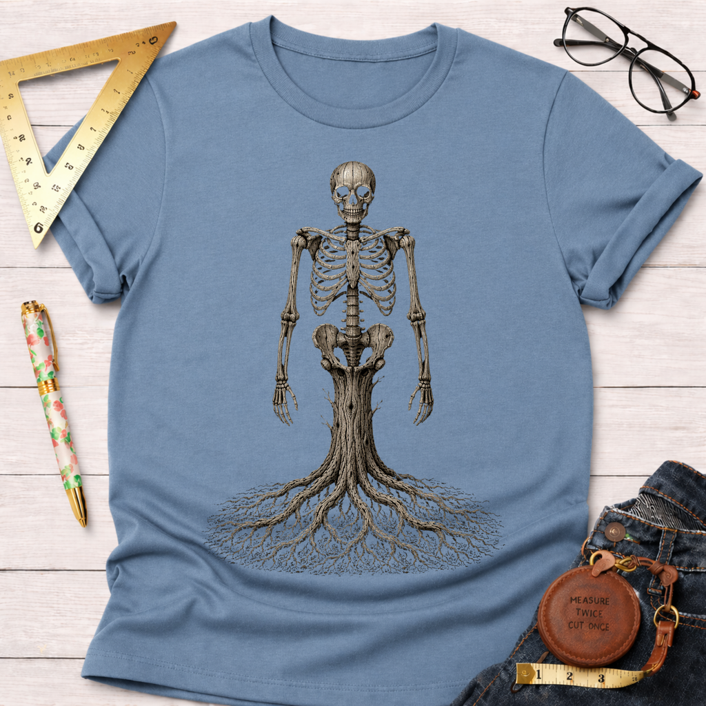 Blue cotton t-shirt with a skeleton torso above a tree trunk and root system design.
