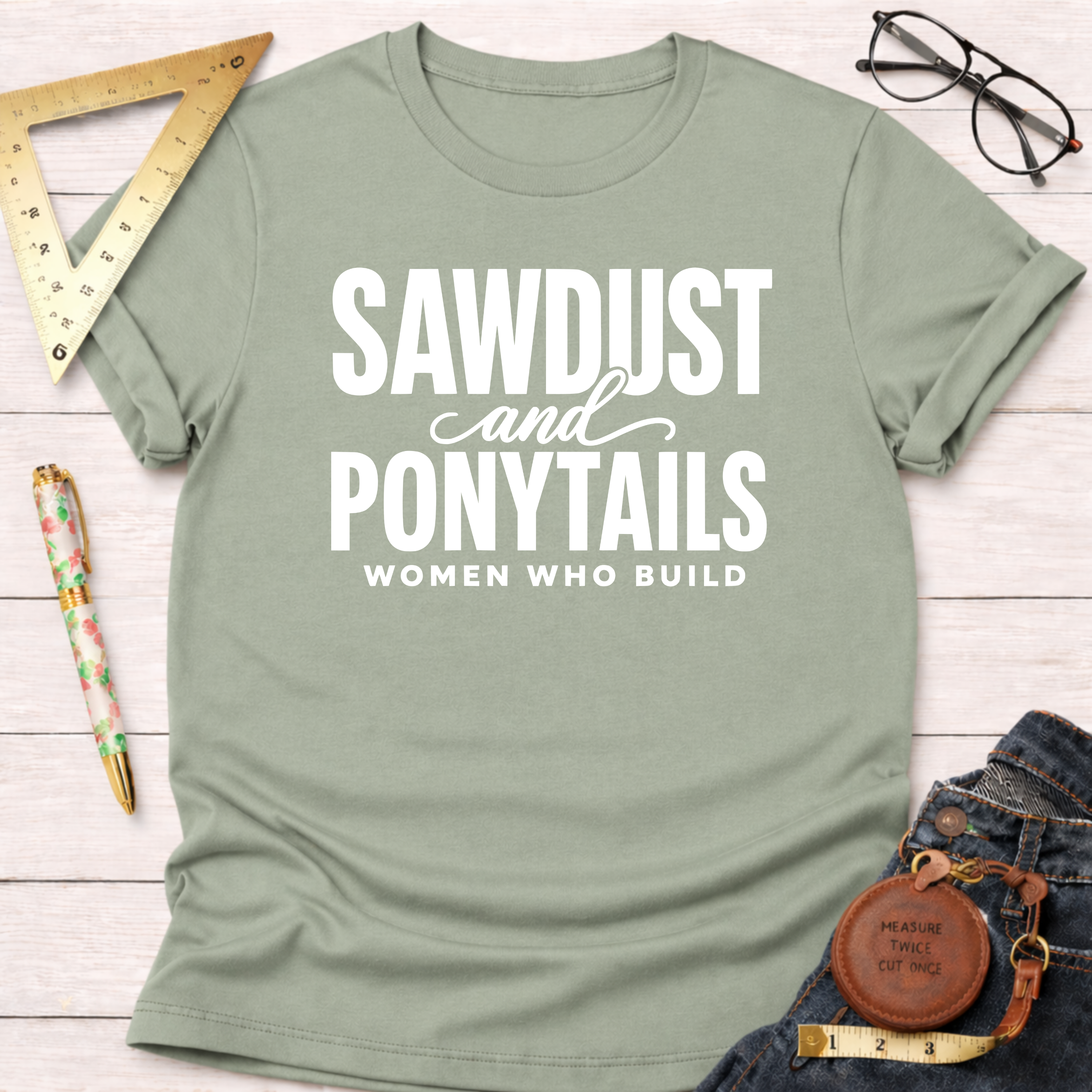 Sage green cotton t-shirt with "SAWDUST and PONYTAILS WOMEN WHO BUILD" in white text.
