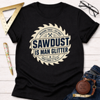 Black cotton t-shirt with "Sawdust Is Man Glitter" design in a saw blade graphic.