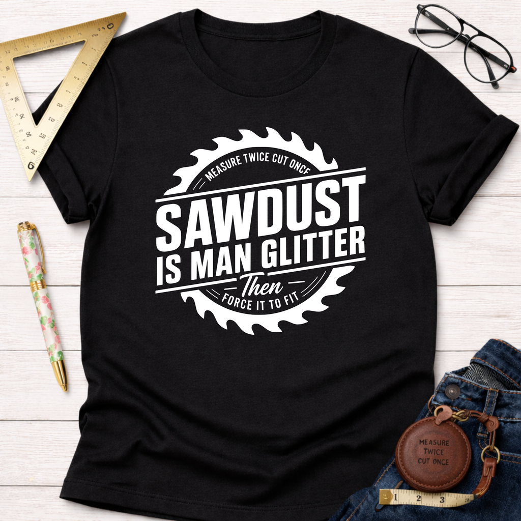 Black cotton t-shirt with "Sawdust Is Man Glitter" graphic, surrounded by a saw blade design.