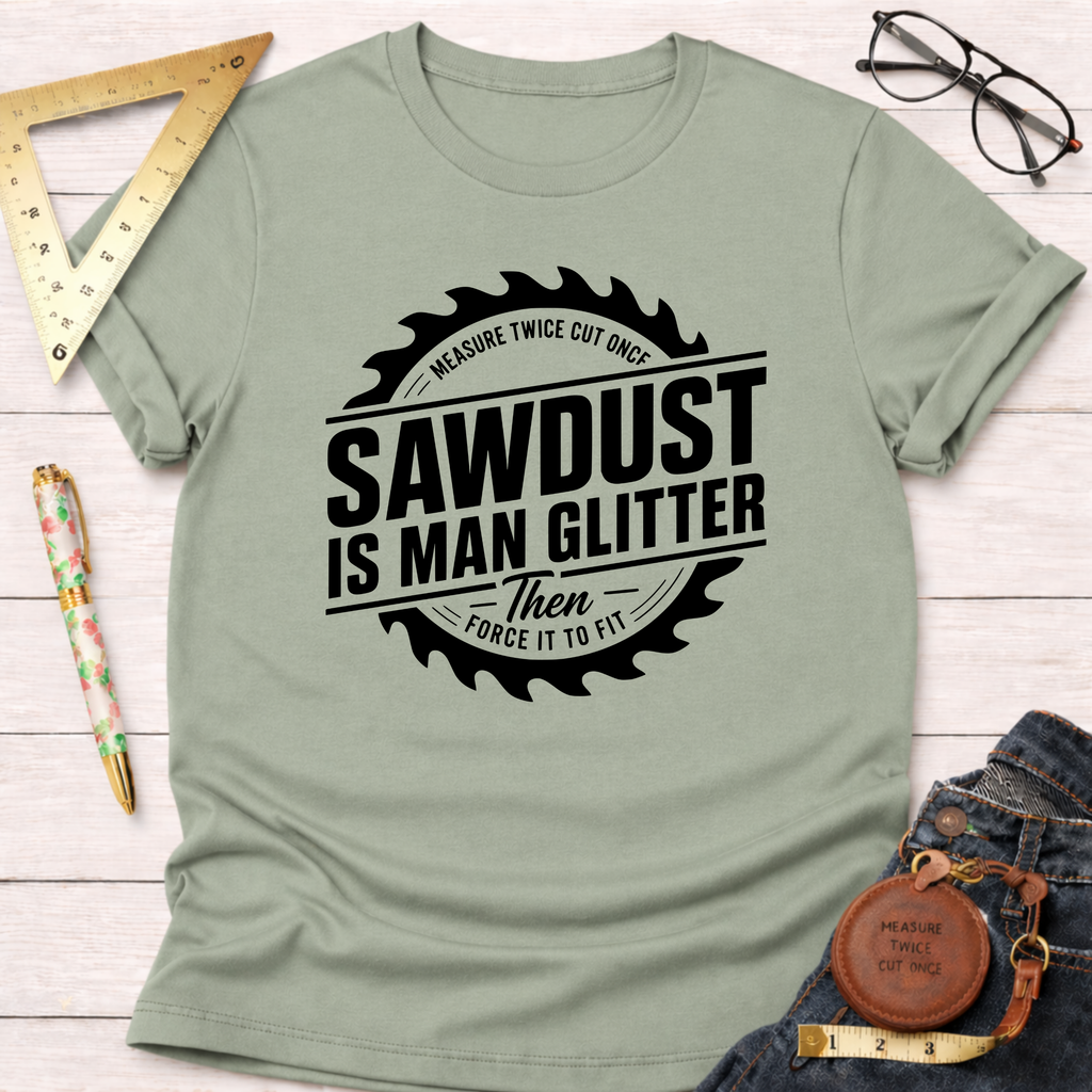 Light green "Sawdust Is Man Glitter" t-shirt with a saw blade graphic, flat lay on white wood.