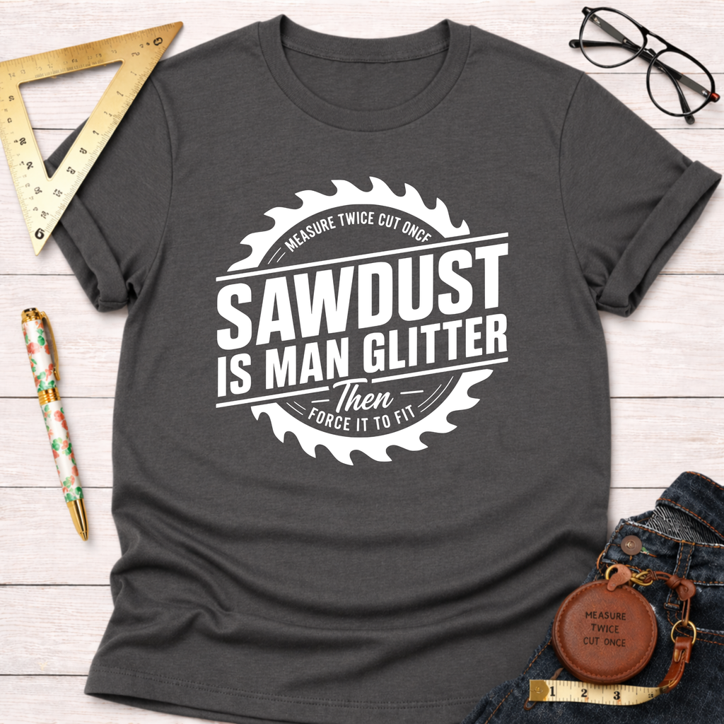 Charcoal gray cotton t-shirt with "Sawdust Is Man Glitter" graphic, surrounded by a saw blade design.