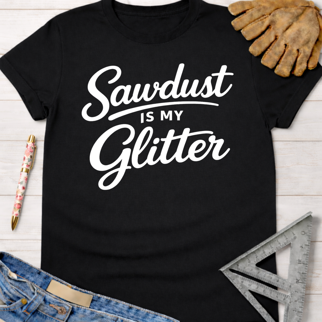 Women's funny woodworking graphic tee shirt for female woodworkers, makers, and DIY builders — Sawdust & Ponytails. Black tee with "Sawdust Is My Glitter" in white script.