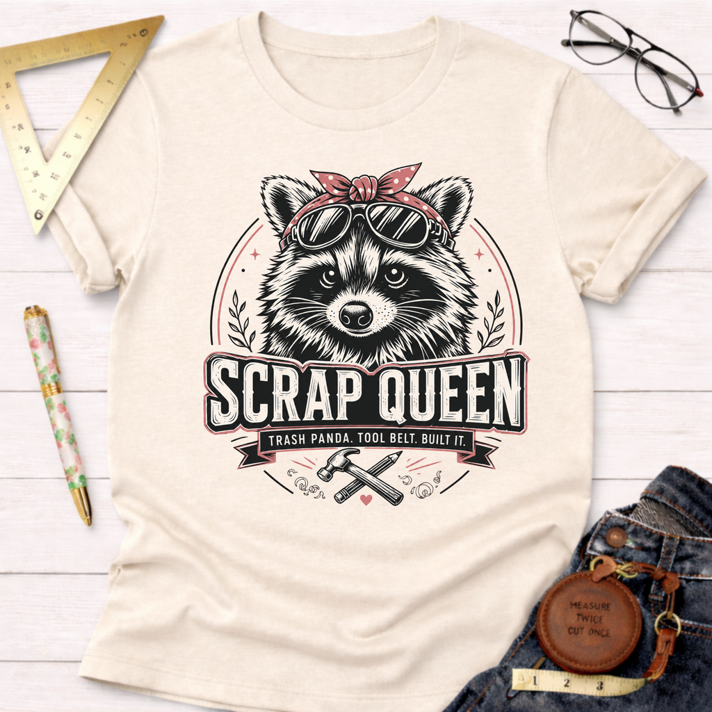 Cream cotton t-shirt with a "Scrap Queen" raccoon wearing sunglasses and a bandana, surrounded by tools.