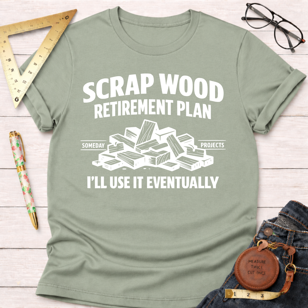 Sage green "Scrap Wood Retirement Plan" t-shirt with white text and a pile of wood scraps graphic.