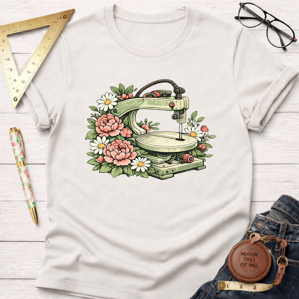 Cream t-shirt with a vintage scroll saw surrounded by pink peonies and white daisies.