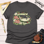 Charcoal gray t-shirt with a scroll saw surrounded by pink peonies and white daisies.