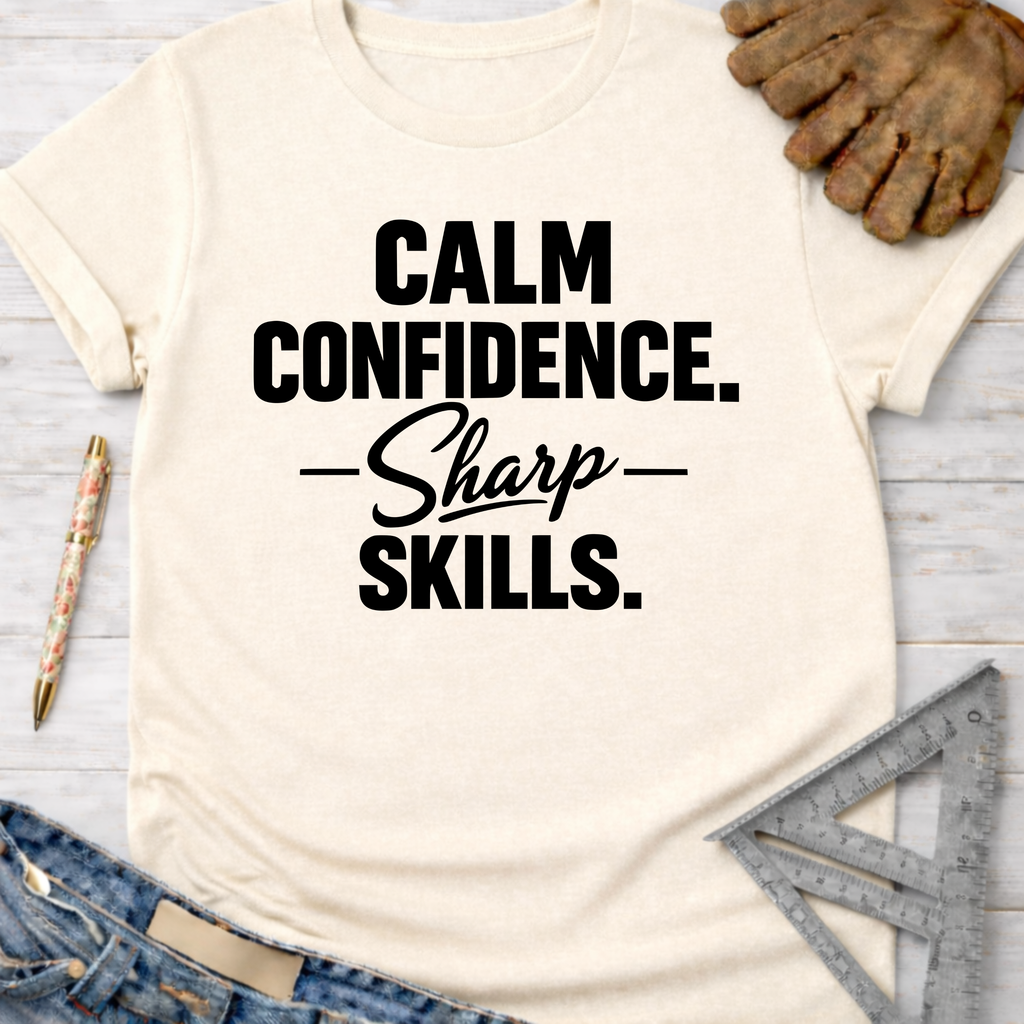 Women's funny woodworking graphic tee shirt for female woodworkers, makers, and DIY builders — Sawdust & Ponytails. Cream t-shirt with "CALM CONFIDENCE. —Sharp— SKILLS." in black text.