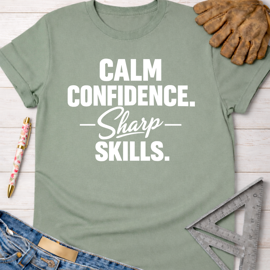 Women's funny woodworking graphic tee shirt for female woodworkers, makers, and DIY builders — Sawdust & Ponytails. Sage green cotton t-shirt with "CALM CONFIDENCE. Sharp SKILLS." in white text.