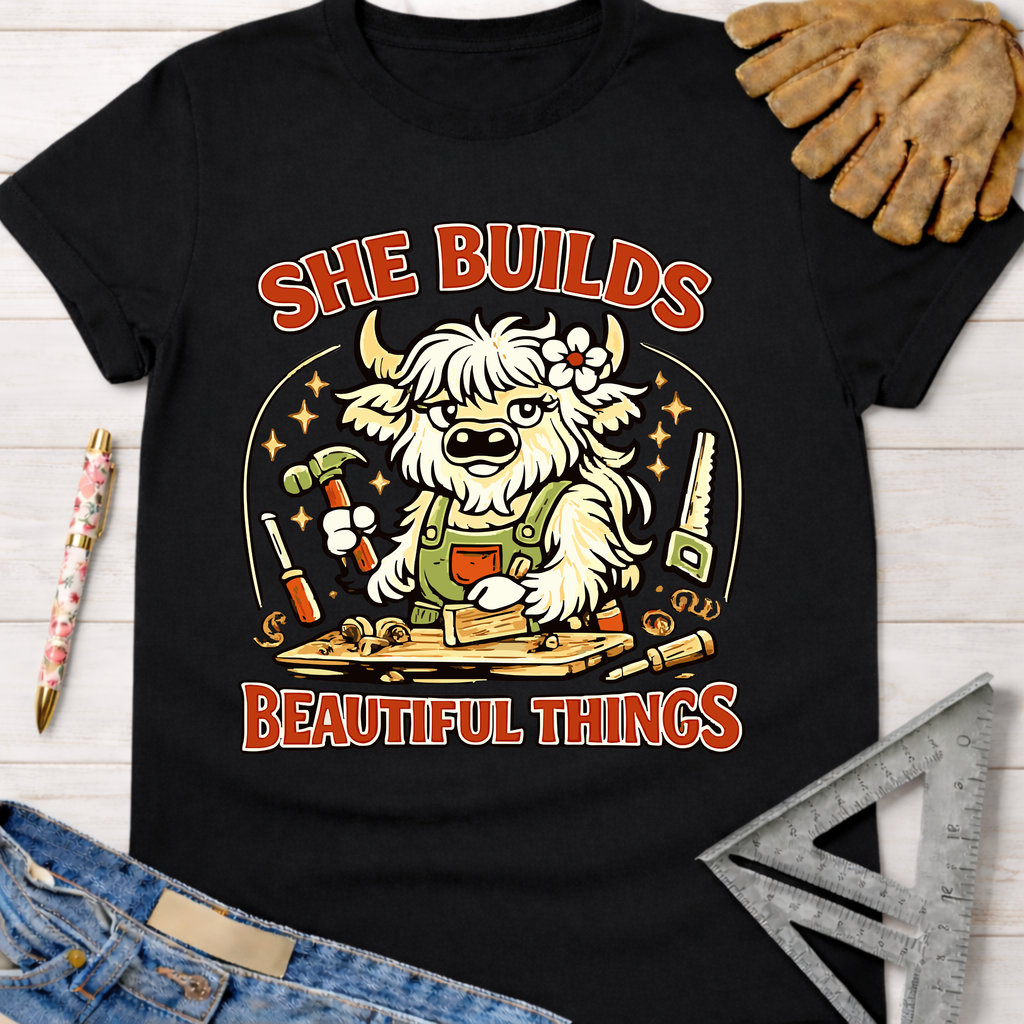 Black cotton tee with "She Builds Beautiful Things" and a cartoon highland cow building. Women's funny woodworking graphic tee shirt for female woodworkers, makers, and DIY builders — Sawdust & Ponytails