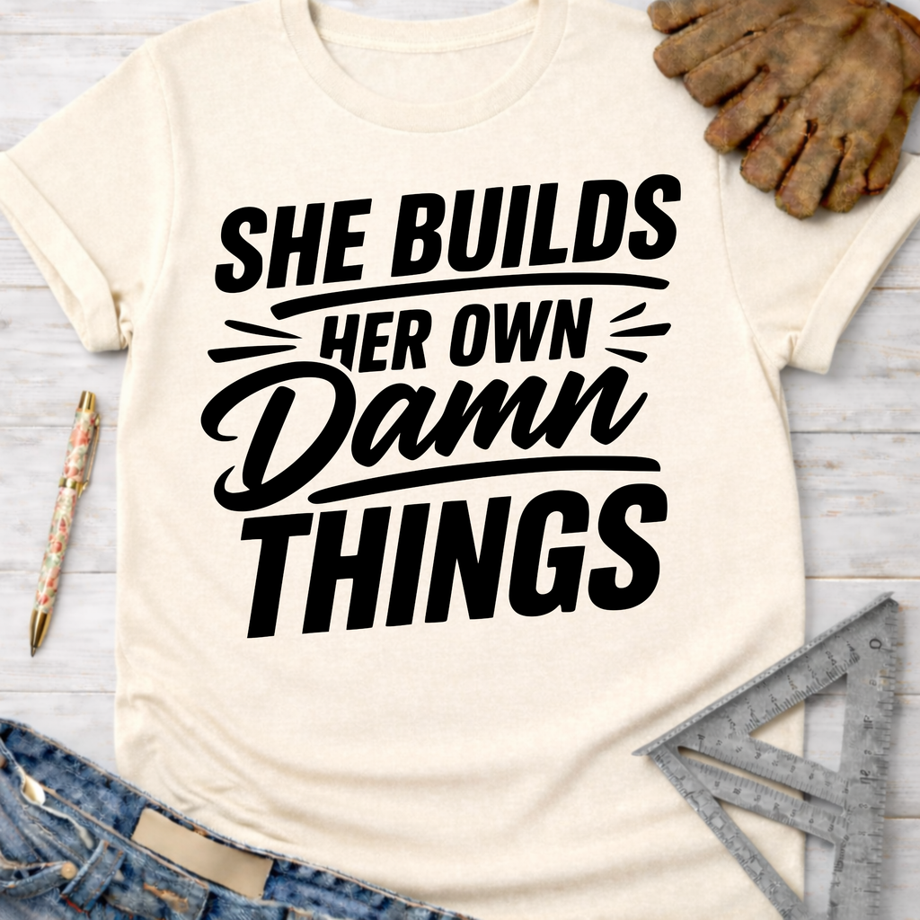 Cream "SHE BUILDS HER OWN DAMN THINGS" graphic tee, women's funny woodworking shirt for makers and DIY builders — Sawdust & Ponytails.