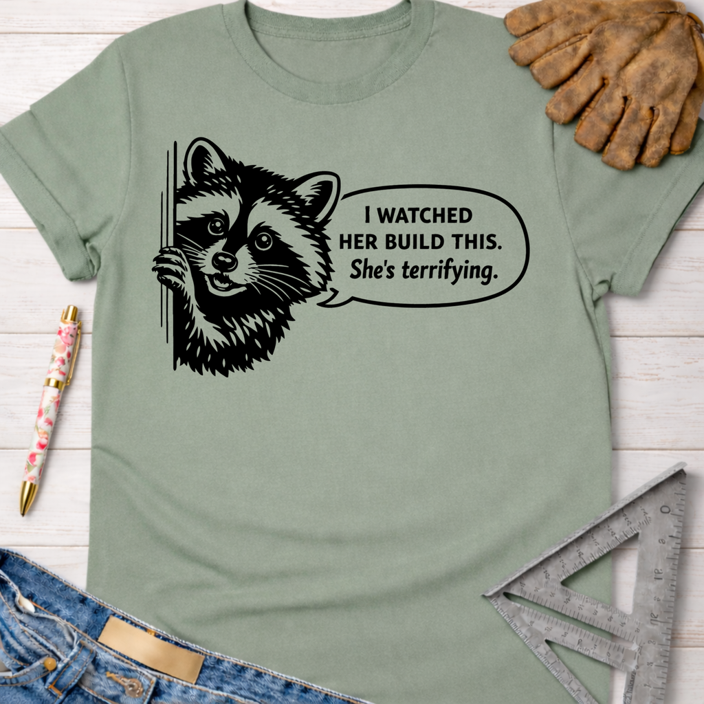 Women's funny woodworking graphic tee shirt for female woodworkers, makers, and DIY builders — Sawdust & Ponytails. Sage green cotton t-shirt with a black graphic of a raccoon and speech bubble: "I watched her build this. She's terrifying.