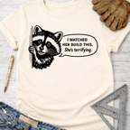 Cream "She's Terrifying" t-shirt with a raccoon graphic. Women's funny woodworking graphic tee shirt for female woodworkers, makers, and DIY builders — Sawdust & Ponytails