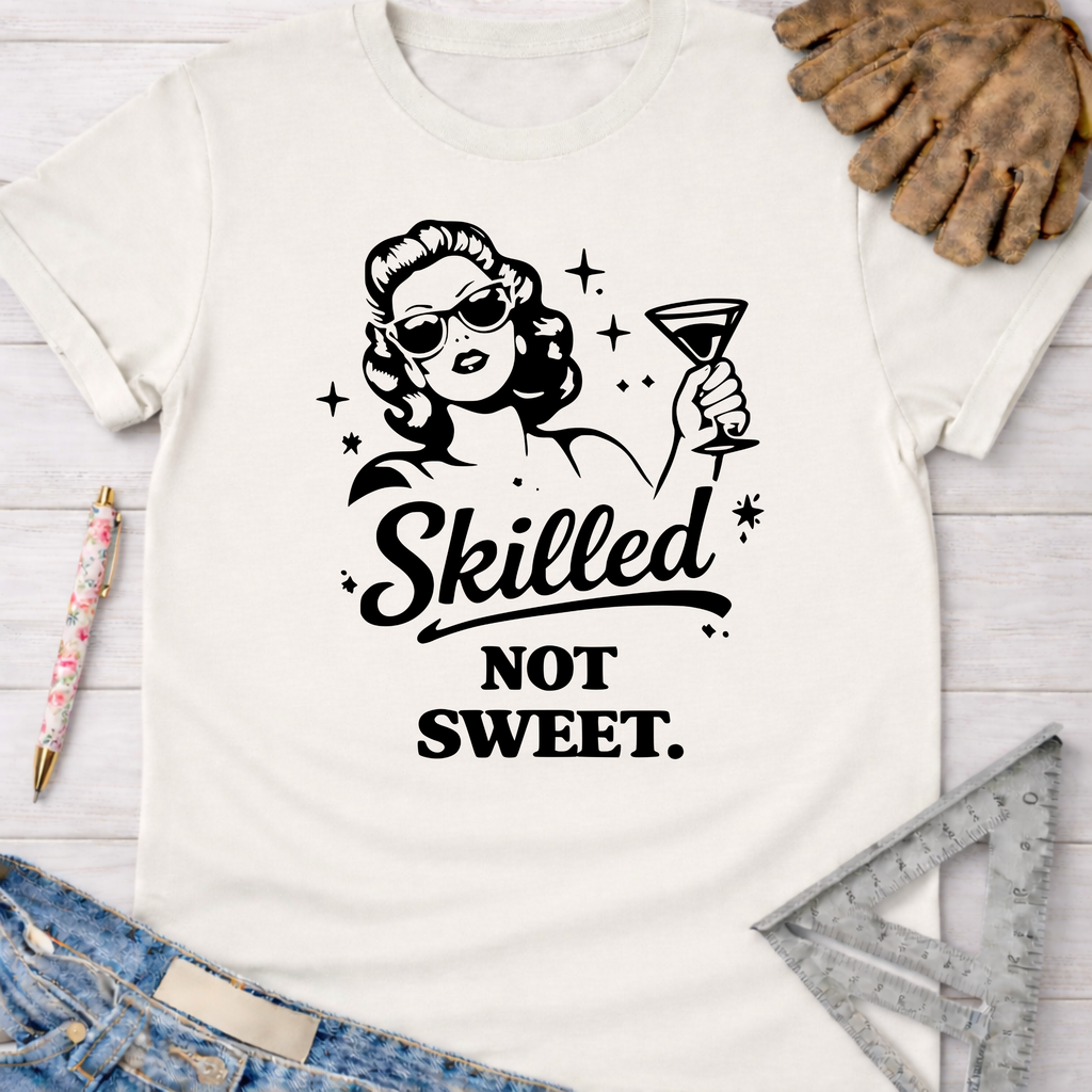 Women's funny woodworking graphic tee shirt for female woodworkers, makers, and DIY builders — Sawdust & Ponytails. White cotton t-shirt with "Skilled Not Sweet" text and a retro woman in sunglasses holding a martini.