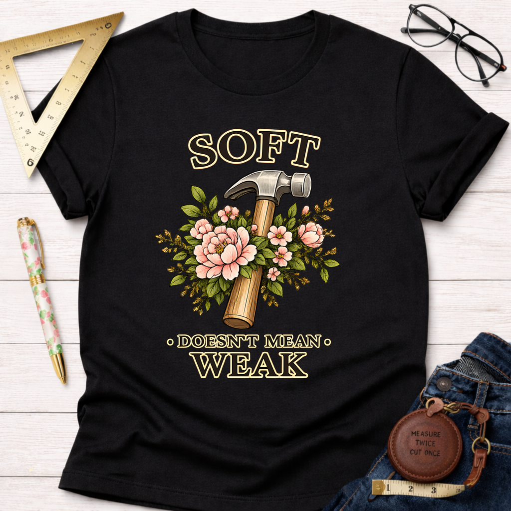 Black cotton t-shirt with "Soft Doesn't Mean Weak" text and a hammer surrounded by pink flowers.
