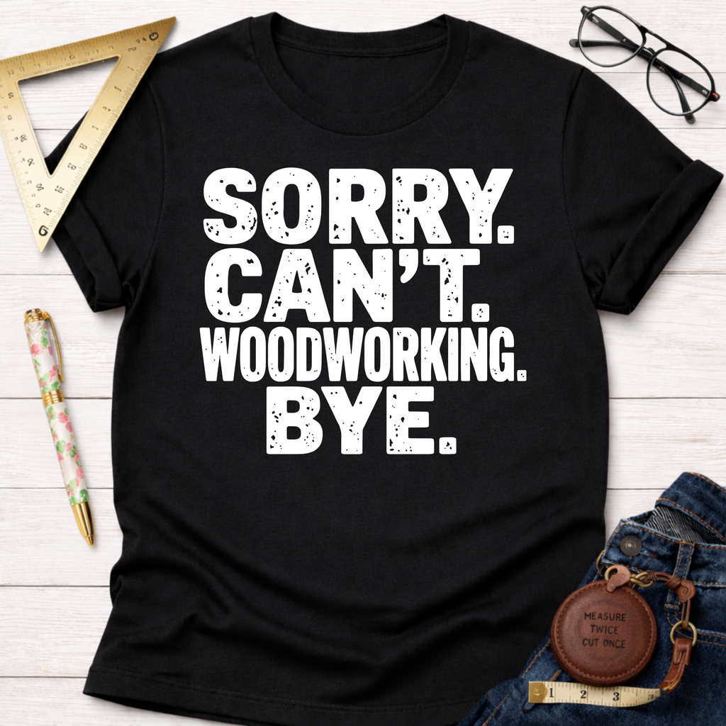Women's funny woodworking graphic tee shirt for female woodworkers, makers, and DIY builders — Sawdust & Ponytails. Black cotton tee with "Sorry. Can't. Woodworking. Bye." in white text.