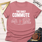 Mauve cotton t-shirt with "THE DAILY COMMUTE" text and a stick figure walking from house to workshop graphic.