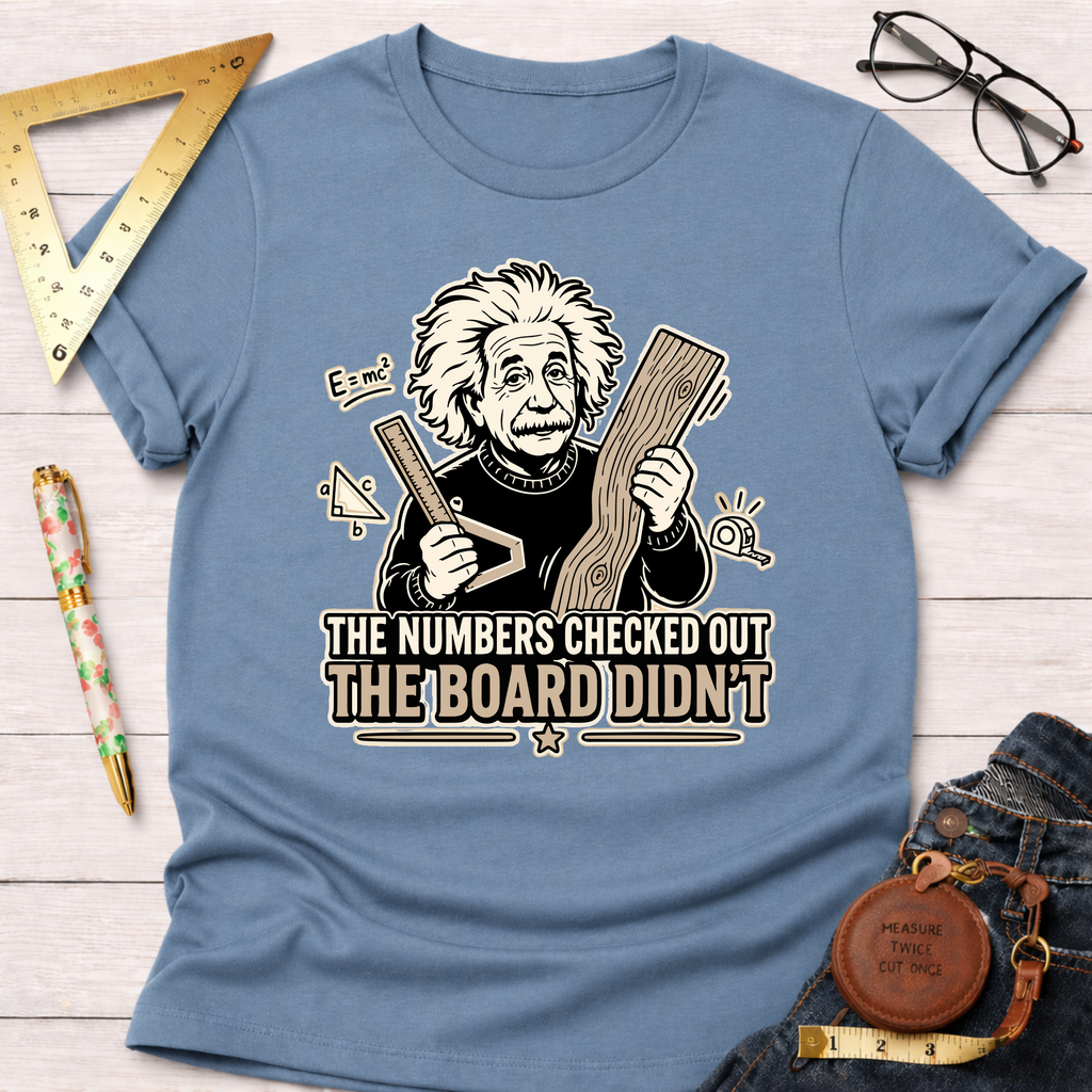 Light blue cotton t-shirt with a graphic of Einstein holding a ruler and wood, text reads "The Numbers Checked Out The Board Didn't".