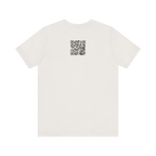 Back of a white crewneck t-shirt with a black QR code centered below the collar. Women's funny woodworking graphic tee shirt for female woodworkers, makers, and DIY builders — Sawdust & Ponytails.