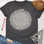 Women's funny woodworking graphic tee shirt for female woodworkers, makers, and DIY builders — Sawdust & Ponytails. Dark gray t-shirt with a white tree ring design surrounded by nature elements.