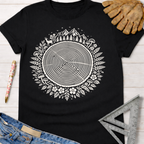 Women's funny woodworking graphic tee shirt for female woodworkers, makers, and DIY builders — Sawdust & Ponytails. Black cotton tee with a white tree ring and nature-inspired graphic.