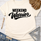 Women's funny woodworking graphic tee shirt for female woodworkers, makers, and DIY builders — Sawdust & Ponytails. Cream t-shirt with "Weekend Warrior" in black script.
