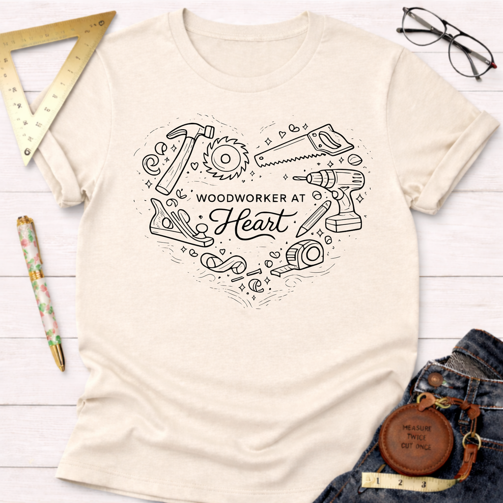 Cream t-shirt with "Woodworker At Heart" text and woodworking tools in a heart shape.