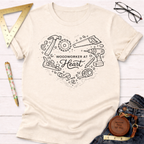 Cream t-shirt with "Woodworker At Heart" text and woodworking tools in a heart shape.