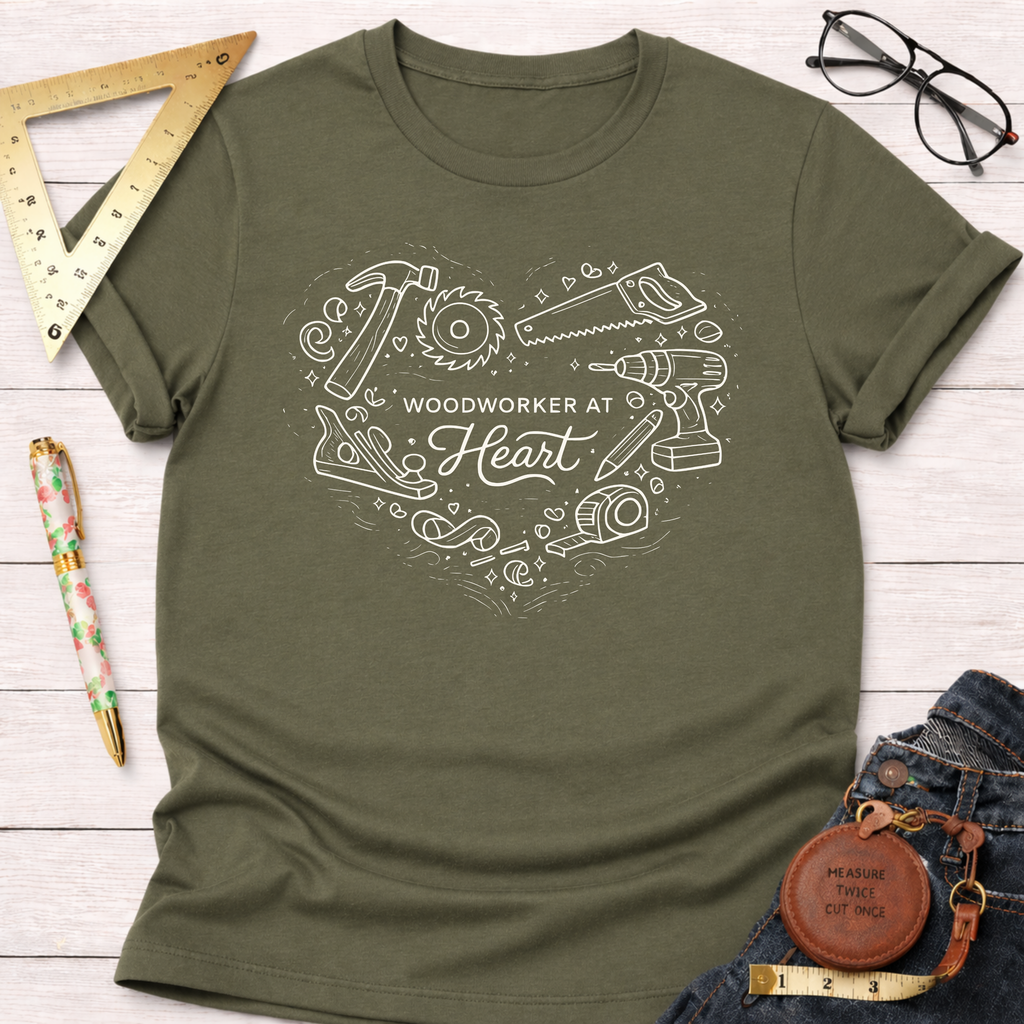 Olive green Woodworker At Heart T-shirt with white heart-shaped woodworking tools graphic.