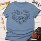 Blue "Woodworker At Heart" T-shirt with black line art tools in a heart shape.