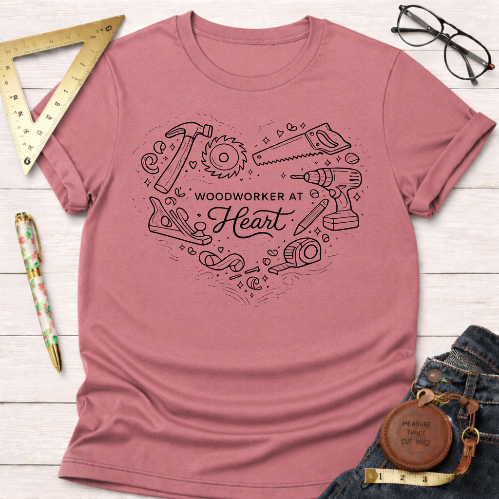 Heather dusty rose t-shirt with "Woodworker At Heart" text and woodworking tools in a heart shape.