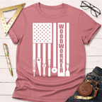 Woodworker Flag T-Shirt in dusty rose with white woodworking tools forming an American flag design.