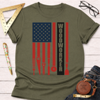 Olive green Woodworker Flag T-shirt with red and blue American flag design featuring woodworking tools.